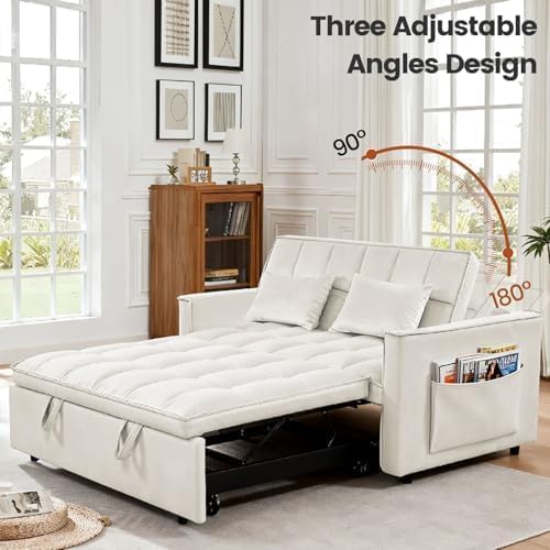 54" Convertible Pull Out Sofa Bed with Adjustable Backrest, White