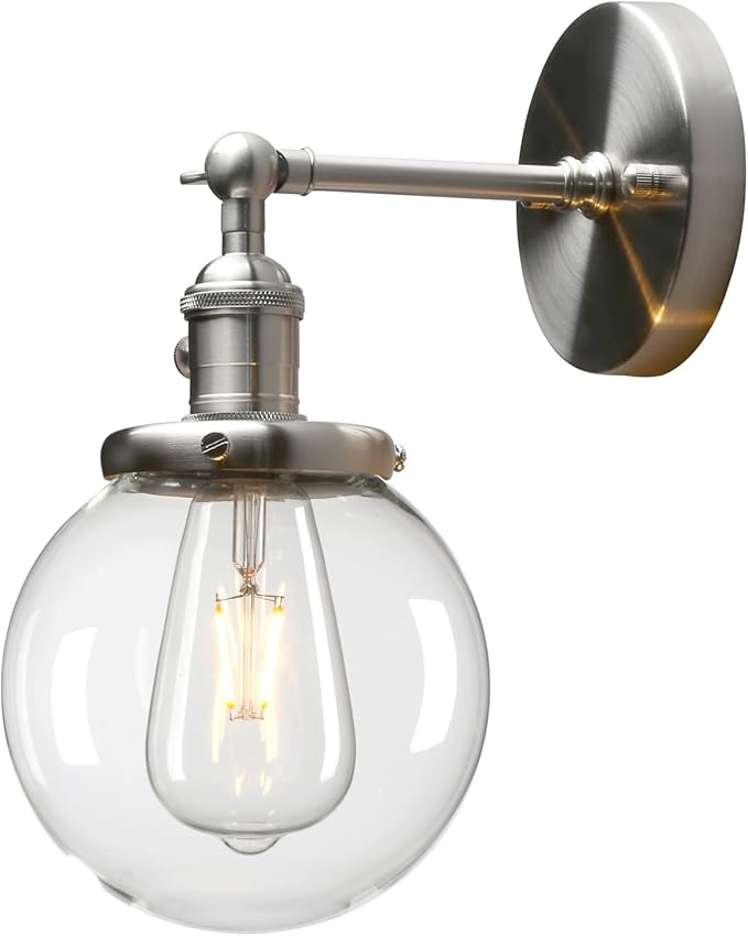 PERMO Vintage Industrial Wall Sconce Lighting Fixture with Mini 5.9" Round Clear Glass Globe Hand Blown Shade (Brushed)