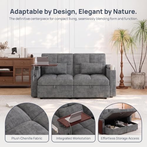 Convertible Sectional Sofa Bed with Storage, Tray & USB Port, Grey
