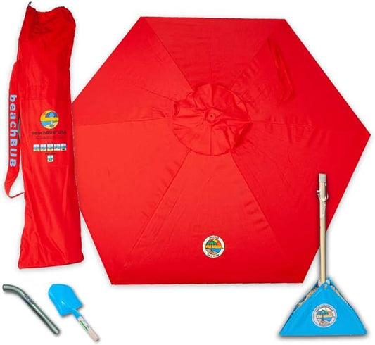 BEACHBUB ALL-IN-ONE BEACH UMBRELLA SYSTEM. Includes ULTRA Base (compliant with the ASTM F3681-24 Beach Umbrella Safety Standard). (Bold Breaker Red)