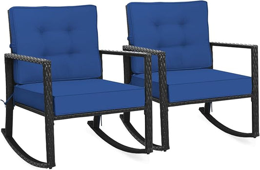 Tangkula Wicker Rocking Chair, Outdoor Glider Rattan Rocker Chair with Heavy-Duty Steel Frame, Patio Wicker Furniture Seat with 5” Thick Cushion for Garden, Porch, Backyard, Poolside (2, Blue)