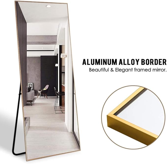 NeuType Full Length Mirror Floor Mirror with Standing Holder Bedroom/Locker Room Standing/Hanging Mirror Dressing Mirror Wall-Mounted Mirror (Golden), 65"x22", AMZVCNTJJ00362ZZE-ZYF