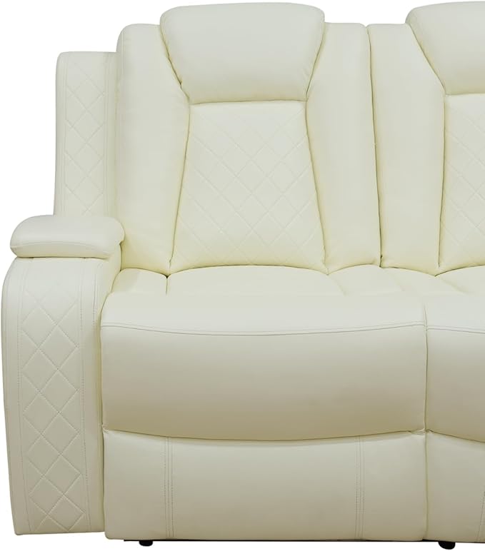 Power Recliner Loveseat, Air Leather Reclining Couch with LED/Cup Holders/Storage, 2-Seater Reclining Sofa, Creamy White Leather Couch for House/Apartment/Office