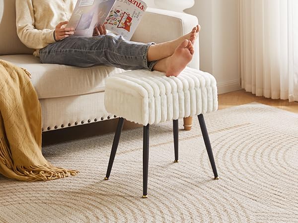 Vanity Stool Chair, Faux Fur Ottoman Foot Stool, Flip Top Storage Makeup Ottoman with Soft Padded Seat, for Makeup Room, White YD-MS151W