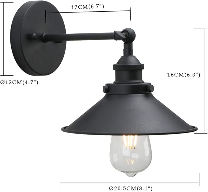 Phansthy Industrial Wall Sconce Vintage Style 1-Light Sconce 8.1 Inches / 20.5 cm Diameter Metal Light Shade (Black-2 Pack)