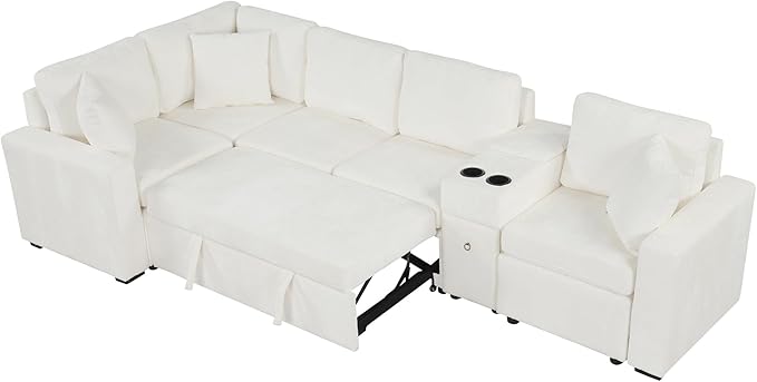 ERYE 120.5-Inch Oversized Sleeper Sectional Sofa W/Pull Out Sleeper Couch Bed, Modern Chenille Upholstered Reversible Modular Sectional Sleeper Sofa with Console & Cupholders | Storage