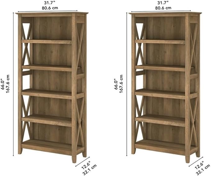 Bush Home Key West 5 Shelf Bookcase - Set of 2 | Tall Bookshelves in Reclaimed Pine | Sturdy Display Shelves for Library, Living Room, and Home Office