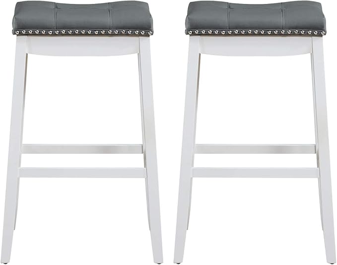 COSTWAY Bar Stools Set of 2, 29-Inch Height Backless Counter Stool with Footrest, Soft Seat Cushion, Wood Legs and Non-Slip Foot Pad, Saddle Stools for Home Kitchen Living Room, Stone Gray+White