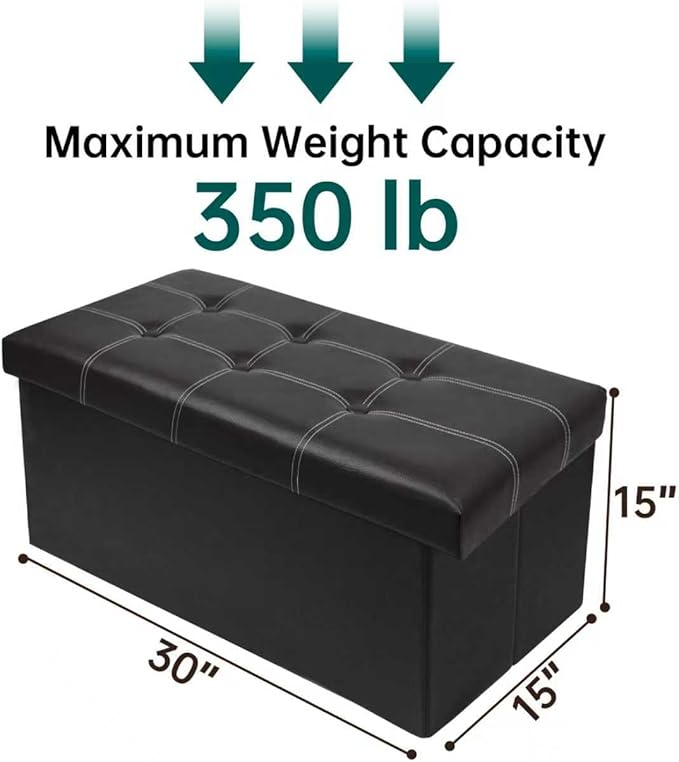 30 Inches Folding Storage Ottoman Bench, Faux Leather Footrest Ottoman, Storage Trunk Footstool for Bedroom, Living Room and Hallway, Support 350lbs, Black (White line)