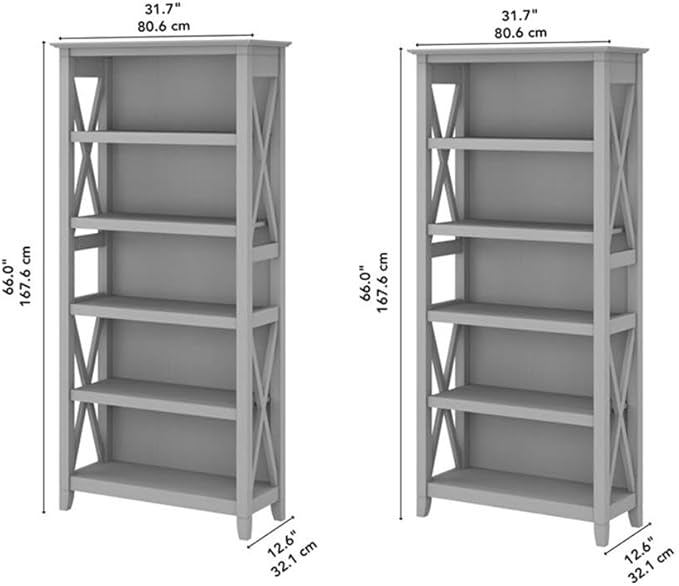 Bush Home Key West 5 Shelf Bookcase - Set of 2 | Tall Bookshelves in Cape Cod Gray | Sturdy Display Shelves for Library, Living Room, and Home Office