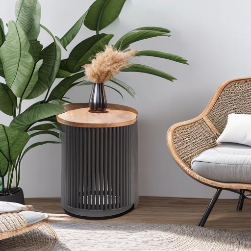 SIMPLIHOME Demy Metal and Wood Accent Table - 18 inch Wide Solid Metal Round End Table in Natural and Black, Industrial Side Table or Coffee Table for Living Room with Compact Design, Assembled | Side Table, Industrial Style, Assembled