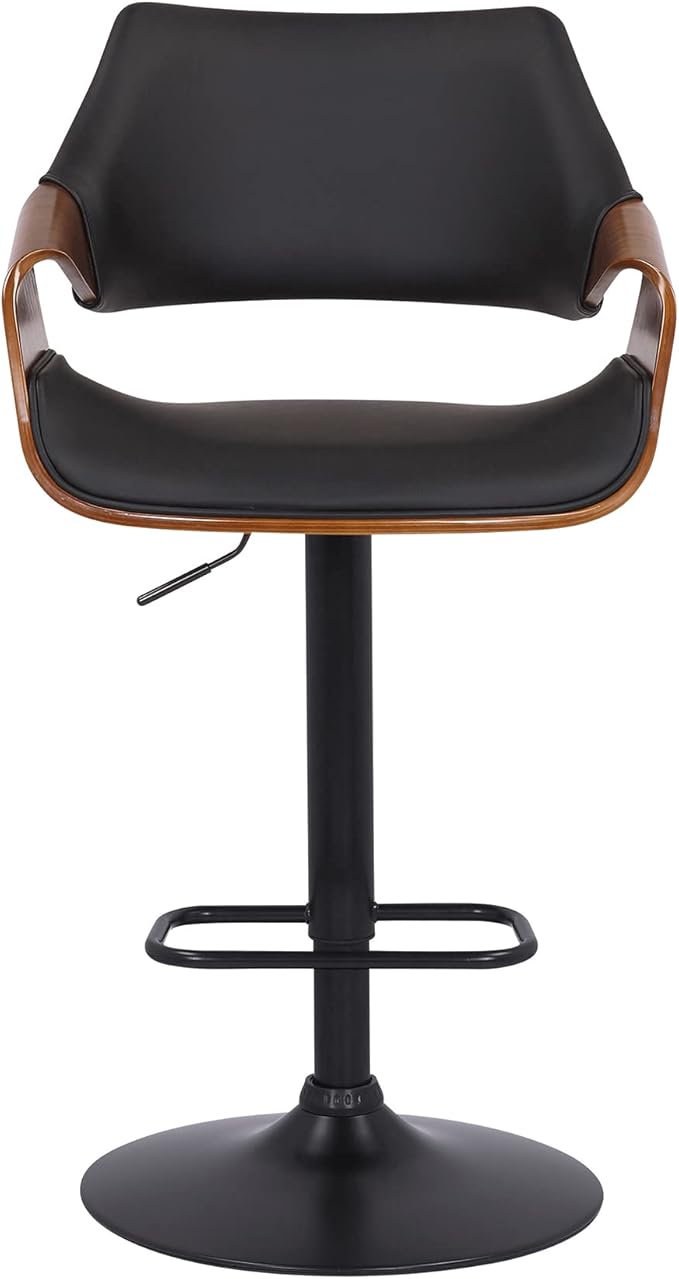 Armen Living Aspen Modern Adjustable Height Swivel Black Faux Leather and Walnut Wood Bar Stool with Black Base for Kitchen Island Counter