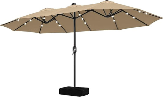 ABCCANOPY 15ft Umbrella Outdoor Patio Solar Lights with Base, Outdoor Double-Sided Rectangle Umbrella for Poolside, Lawn, Backyard (Khaki)