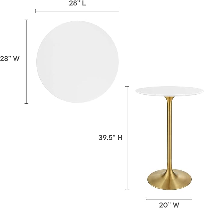 Modway Lippa 28" Mid-Century Modern Bar Table with Round White Top and Gold Pedestal Base