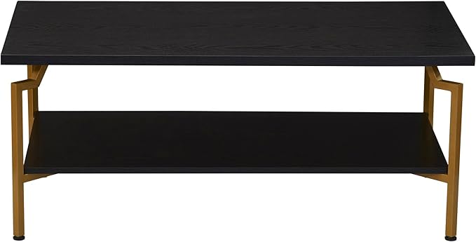 Household Essentials Crown Rectangular Coffee Table with Storage Shelf Black Oak Wood Grain and Gold Metal
