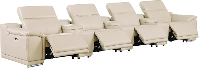BlackJack Furniture Venice Top Grain Italian Leather Power Recline 7 Piece 4 Seater Sofa - 175" Theater Seating Modern Couch for Living Room Apartment with Adjustable Headrests & USB Port, Beige