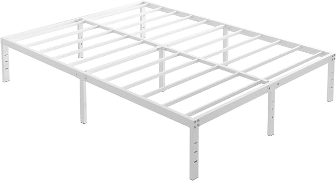 14 Inch Queen Bed Frame No Box Spring Needed, Heavy Duty Metal Bed Frame Queen Size with Large Underbed Storage Space, Noise Free, Easy Assembly, White