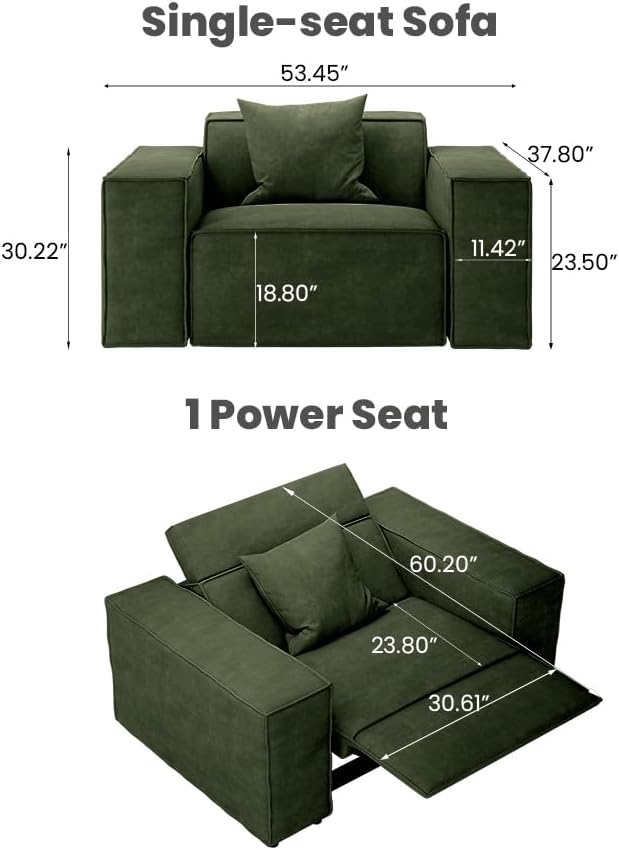 53" Power Reclining Chair, Modern Recliner Sofa for Living Room or Bedroom, Performance Fabric Seats with Pillows, Mid Century Modern Chair, Pet Friendly, Green
