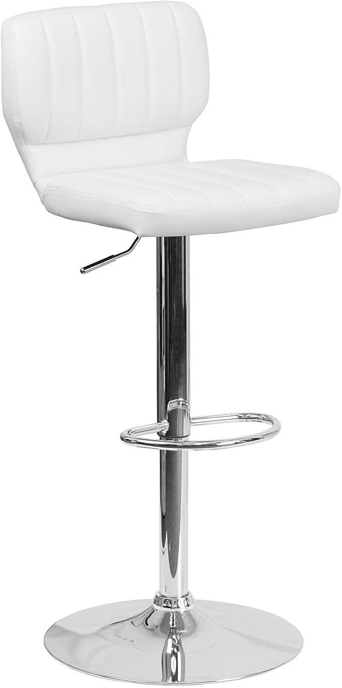 Flash Furniture Jeremy Contemporary White Vinyl Adjustable Height Barstool with Vertical Stitch Back and Chrome Base