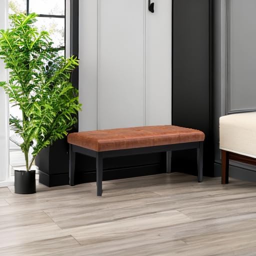 SIMPLIHOME Lacey Tufted Ottoman Bench - 41 inch Wide Upholstered Vegan Leather Rectangle Ottoman in Distressed Saddle Brown, Contemporary Bench for Bedroom or Entryway with Stitching Detail, Assembled