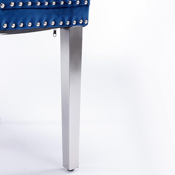 Solid Wood Dining Chair with Nailhead Trim,Velvet Upholstered W/Chrome Stainless Steel Plating Legs,Set of 2,for Living Room,Apartemnt,Blue and Chrome