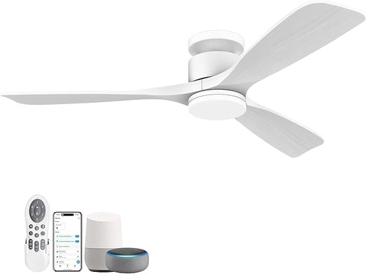 52 Inch Smart Low Profile Ceiling Fans,Solid Wood Outdoor Indoor Ceiling Fan with Lights Remote,WIFI Alexa App Control,Quiet DC Motor,Dimmable LED,Modern Flush Mount Fan for Bedroom Patio,White