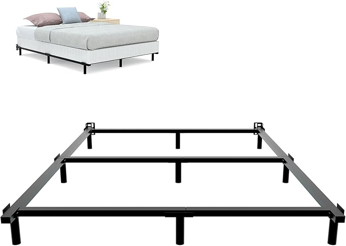 DTIG 7 Inch Queen Size Metal Bed Frame for Box Spring and Mattress 9-Leg Heavy Duty Bed Frame Tool-Free Easy Assembly Sturdy Box Spring Base Black