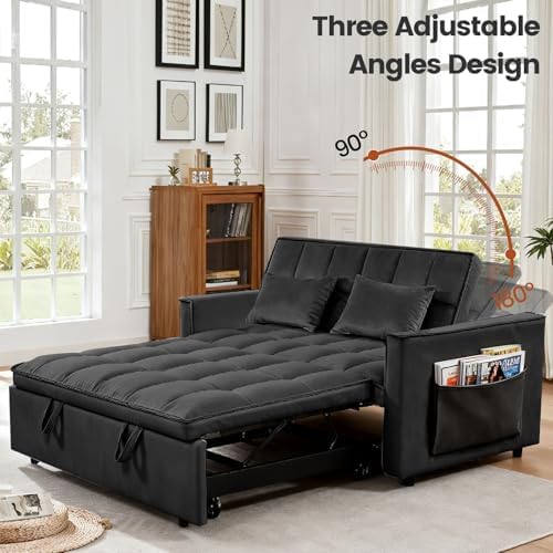 54" Convertible Pull Out Sofa Bed with Adjustable Backrest, Black
