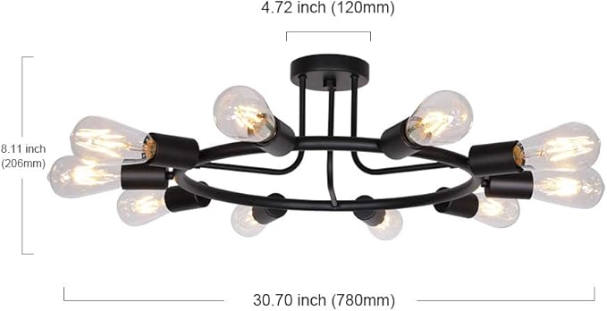 BONLICHT Vintage Metal Large Sputnik Chandeliers 10-Light Flush Mount Light Fixtures Ceiling Black Indoor Industrial Chandelier Lighting Mid Century Modern Starburst-Style Lighting Fixture UL Listed