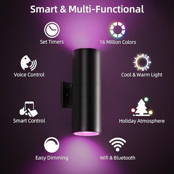 SHIMR Modern Outdoor Wall Lights Color Changing 2 Pack, RGBCW Smart Outdoor Lights Ambiance Sconce with Remote Control, Black Aluminum Exterior Lighting Fixtures Up and Down Lights [ETL Listed]