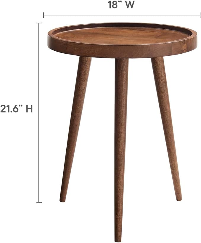 Modway Chiro Solid Wood Side Table in Walnut with Tray Top - Mid-Century Modern Round Accent Table - Small Bedside Table with Tapered Legs - Living Room End Table