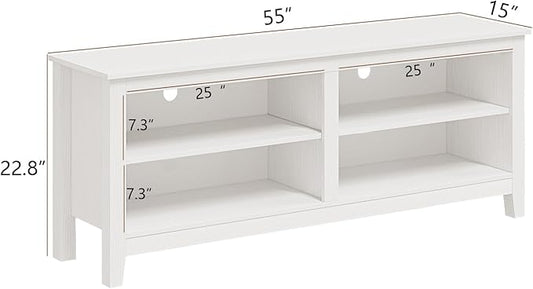 Modern TV Stand for 65 inch TV, White Wood TV Cabinet with 4 Open Storage Shelves, Fits 50-65 Inch TVs, 55 Inches W x 15 Inches D x 22.8 Inches H