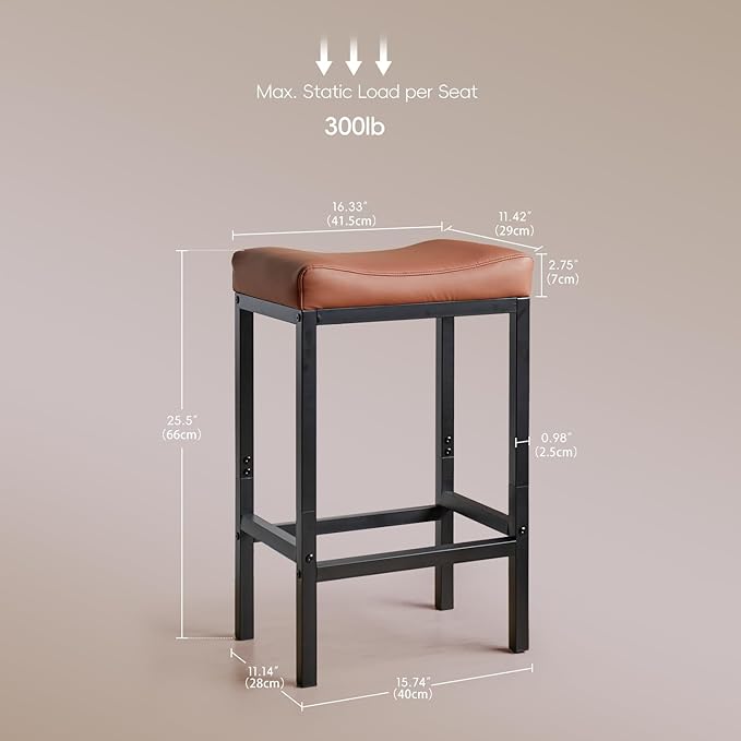Counter Height Bar Stools Set of 2, 25.5 Inch, Faux Leather bar Stool, Saddle Barstool with Footrest,Stools for Kitchen Counter,Dining Room,Easy Assembly, Brown