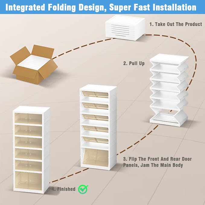 Foldable Storage Box - Clear Stackable Shoe Organizer with Lids - Large 6 Layer Shoe Rack Cabinet