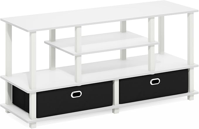 Furinno Jaya TV Stand, 4-Tier Entertainment Center with Open Shelf, TV Console for TV up to 55 Inch with 2 Storage Bins, Toolless Assembly, for Living Room, Bedroom, White