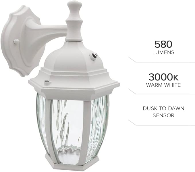 Maxxima LED Outdoor Wall Light - Features Clear Water Glass, 3000K Warm White, 580 Lumens, Dusk to Dawn Photocell Light Sensor, Patio or Porch Sconce Fixture, Ideal for Exterior Decor Lighting - White
