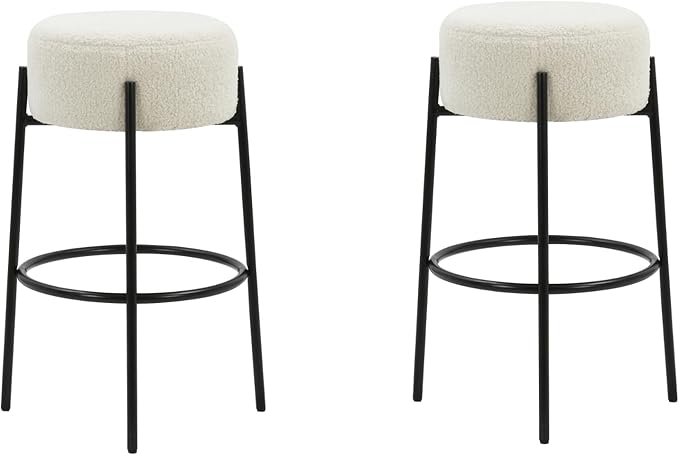 Nathan James Isaac 29" Modern Backless Bar Stool with Round Soft Padded Boucle Seat and Metal Mid-Century Base, Boucle White/Black, Set of 2