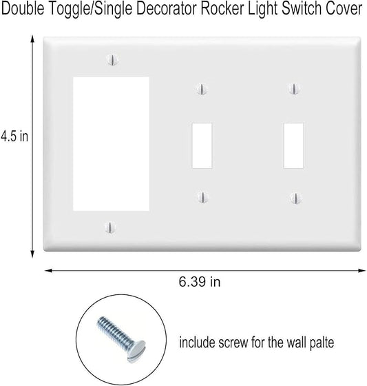 Combination Double Toggle/Single Decorator Rocker Outlet Light Switch Wall Plates 3-Gang Switch Electrical Cover Plate Unbreakable Thermoplastic Faceplate, White (3 Pack)