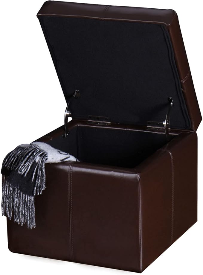 Adeco Modern Faux Leather Cube Storage Ottoman Bench with Hidden Storage, Comfortable Footrest Ottoman for Living Room, Bedroom, Entryway - Brown, 17.7" x 17.7" x 15