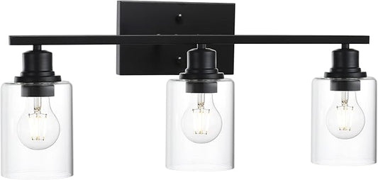 VINLUZ Matte Black Vanity Light for Bathroom 3 Light Farmhouse Indoor Bathroom Lighting Fixtures Over Mirror with Clear Glass Shade for Dressing Table