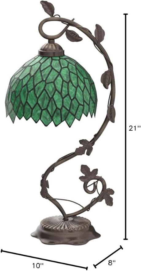 WERFACTORY Tiffany Style Lamp Green Wisteria Stained Glass Table Desk Reading Light, Metal Leaf Base 8X10X21 Inches Decor Small Space Bedroom Home Office S523 Series