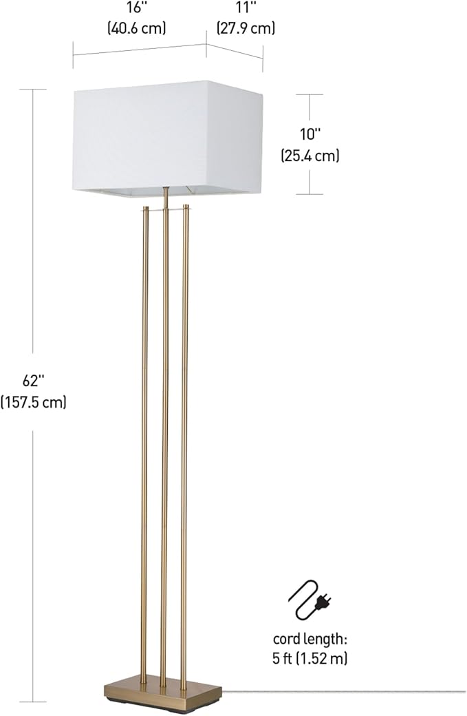 Globe Electric x Novogratz 67775 62" Floor Lamp, Matte Brass, White Linen Shade, Rotary Switch on Socket, Minimalist Lighting for Living Room, Bedroom or Office, Tall Corner Reading Light