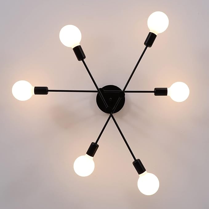 Garwarm Black Sputnik Ceiling Light Fixture, 6-Lights Semi Flush Mount Ceiling Light, Modern Kitchen Chandelier for Dining Room Bedroom Entryway Hallway