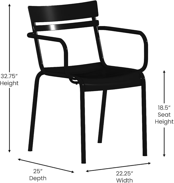 Flash Furniture Nash Commercial Grade Steel Stack Chair, Indoor-Outdoor Arm Chair with 2 Slat Back, Set of 2, Black