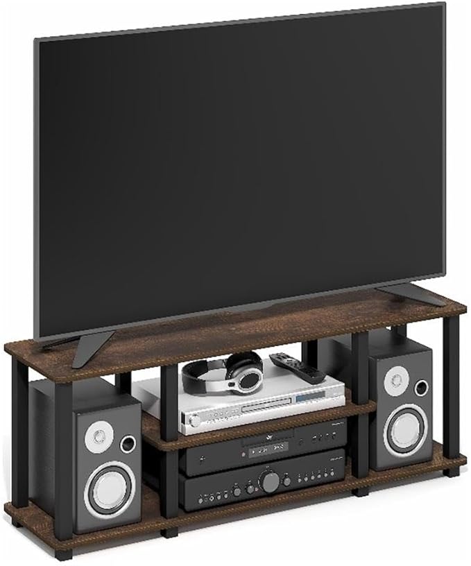Furinno Turn-S-Tube TV Stand, 3-Tier Open Shelf Rectangular Entertainment Center, Open Frame TV Console for TV up to 50 Inch, Open Back, Toolless Assembly, for Living Room, Bedroom, Amber Pine