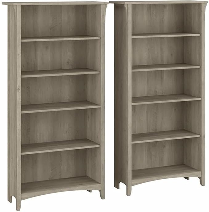 Bush Home Salinas Tall 5 Shelf Bookcase - Set of 2 in Driftwood Gray, Vertical Office Storage, Bookshelves for Home Workspace, Multi-Purpose Shelving Units