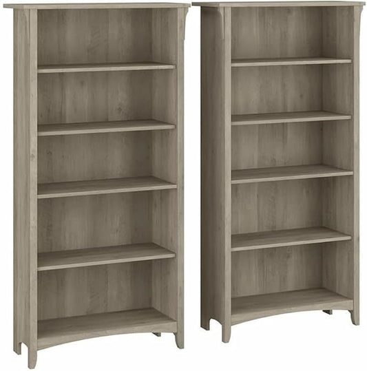 Bush Home Salinas Tall 5 Shelf Bookcase - Set of 2 in Driftwood Gray, Vertical Office Storage, Bookshelves for Home Workspace, Multi-Purpose Shelving Units