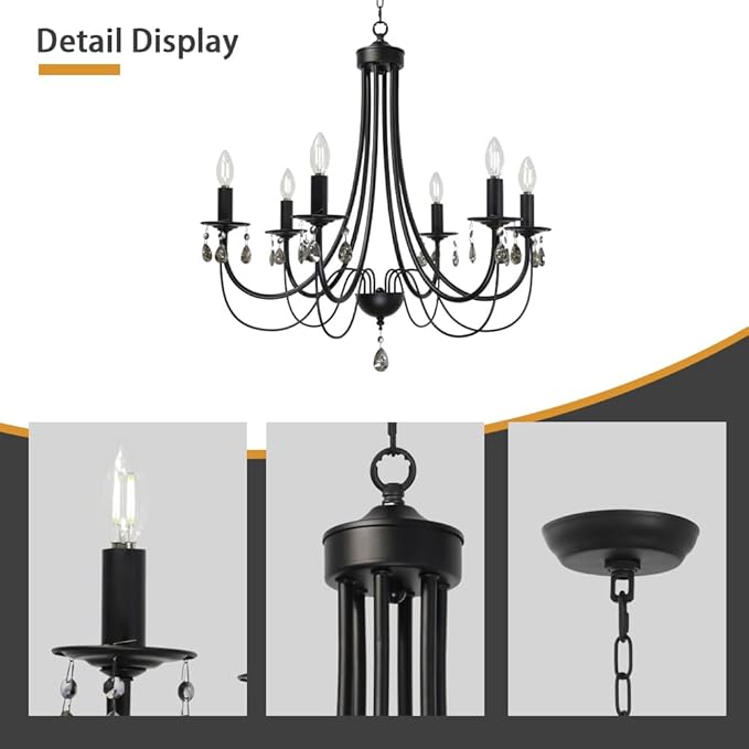 Black Chandeliers for Dining Room 6-Light Pendant Lights Modern Candle Chandelier with Brown Crystal Elegant Ceiling Lighting Fixtures Height Adjustable
