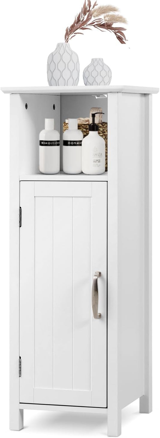 LDAILY LUARANE Wooden Bathroom Floor Storage Cabinet, Side Storage Organizer Cabinet with 1 Door Open Shelf Adjustable Shelves, Small Free Standing Sideboard for Entryway Living Room Kitchen (White)