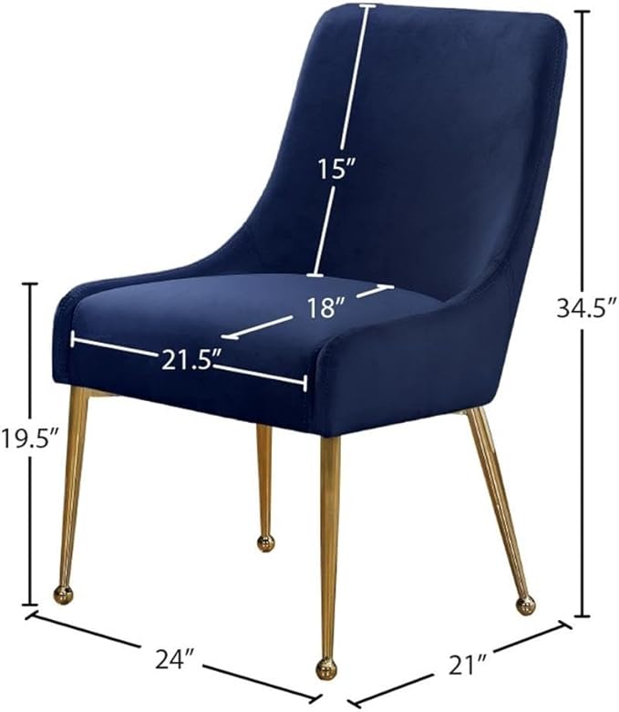 Meridian Furniture Owen Collection Modern | Contemporary Velvet Upholstered Dining Chair with Polished Gold Legs, Set of 2, 24" W x 21" D x 34.5" H, Navy
